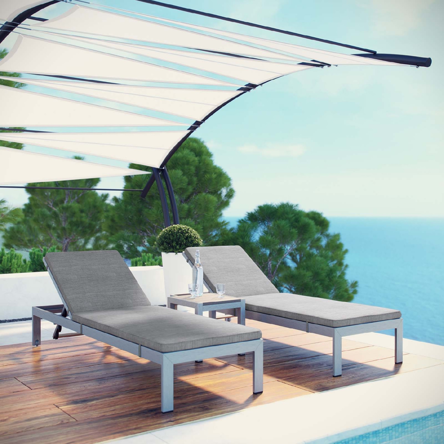 Shore 3-Pc Outdoor Patio Aluminum Chaise with Fabric Cushions