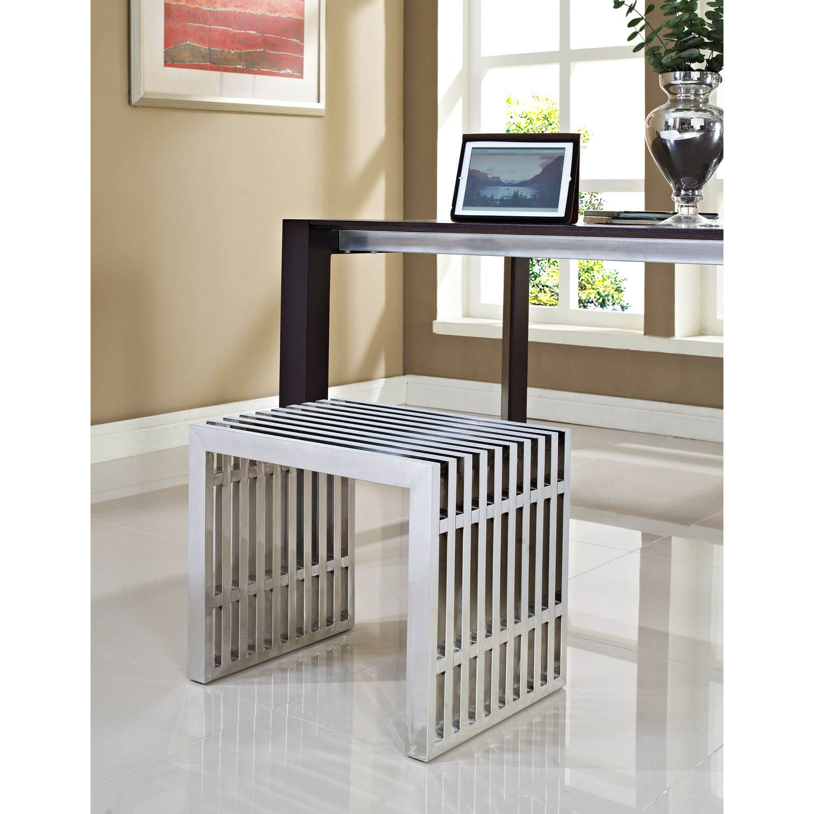 Gridiron Small Bench, Silver by Modway Furniture