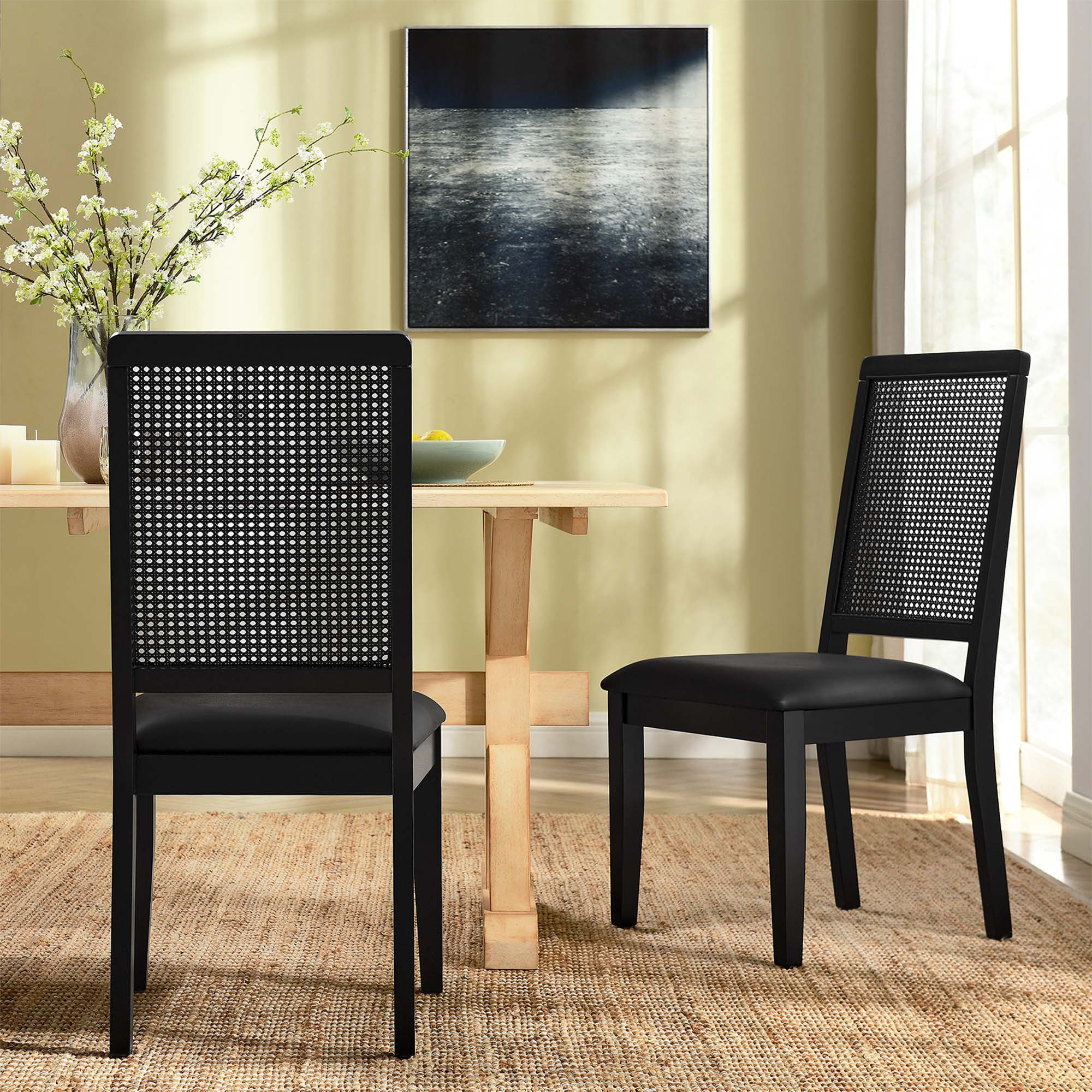 Arlo Vegan Leather Upholstered Faux Rattan and Wood Dining Side Chairs