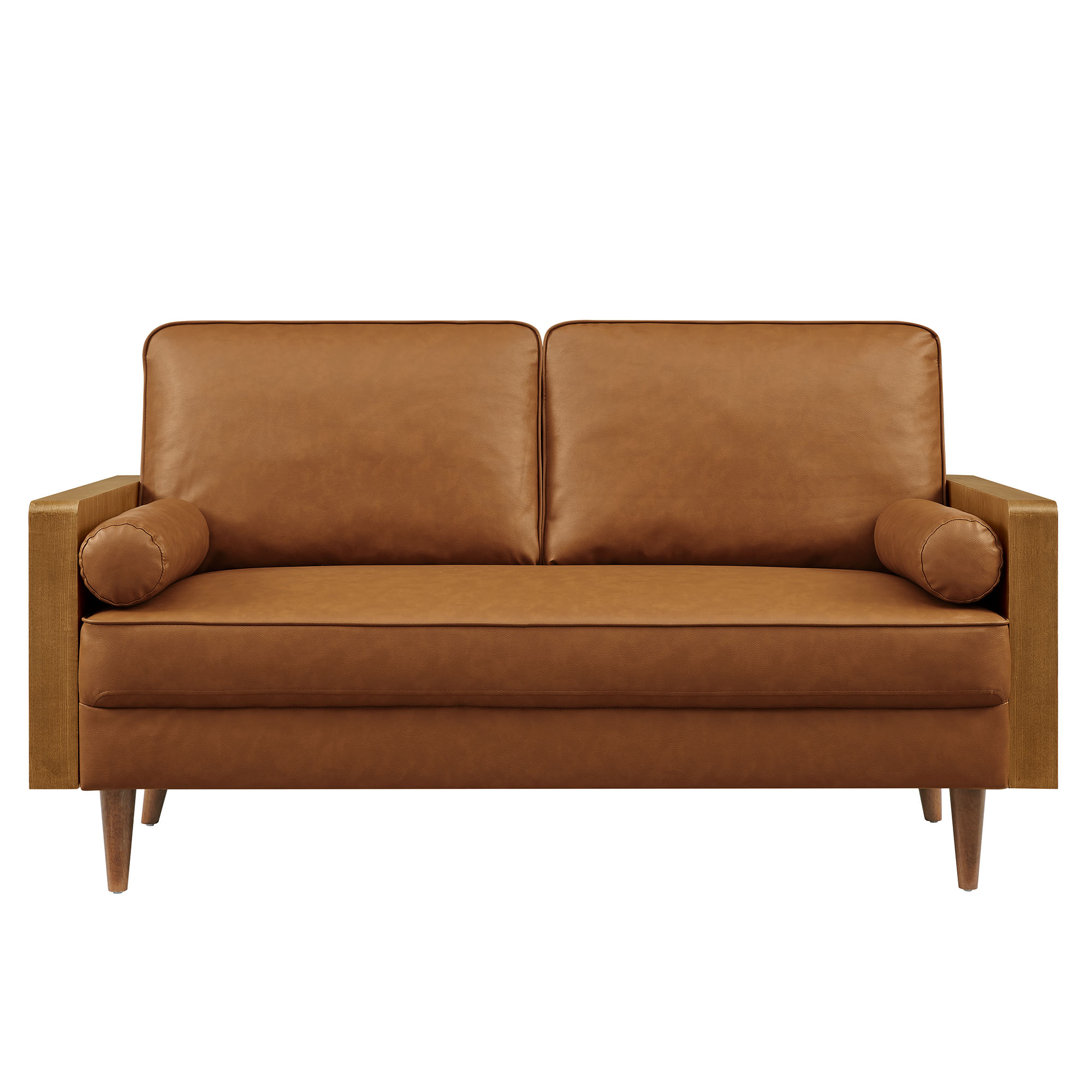 Loveseat Sofa, Walnut Tan, Faux Leather, Living Room Lounge 