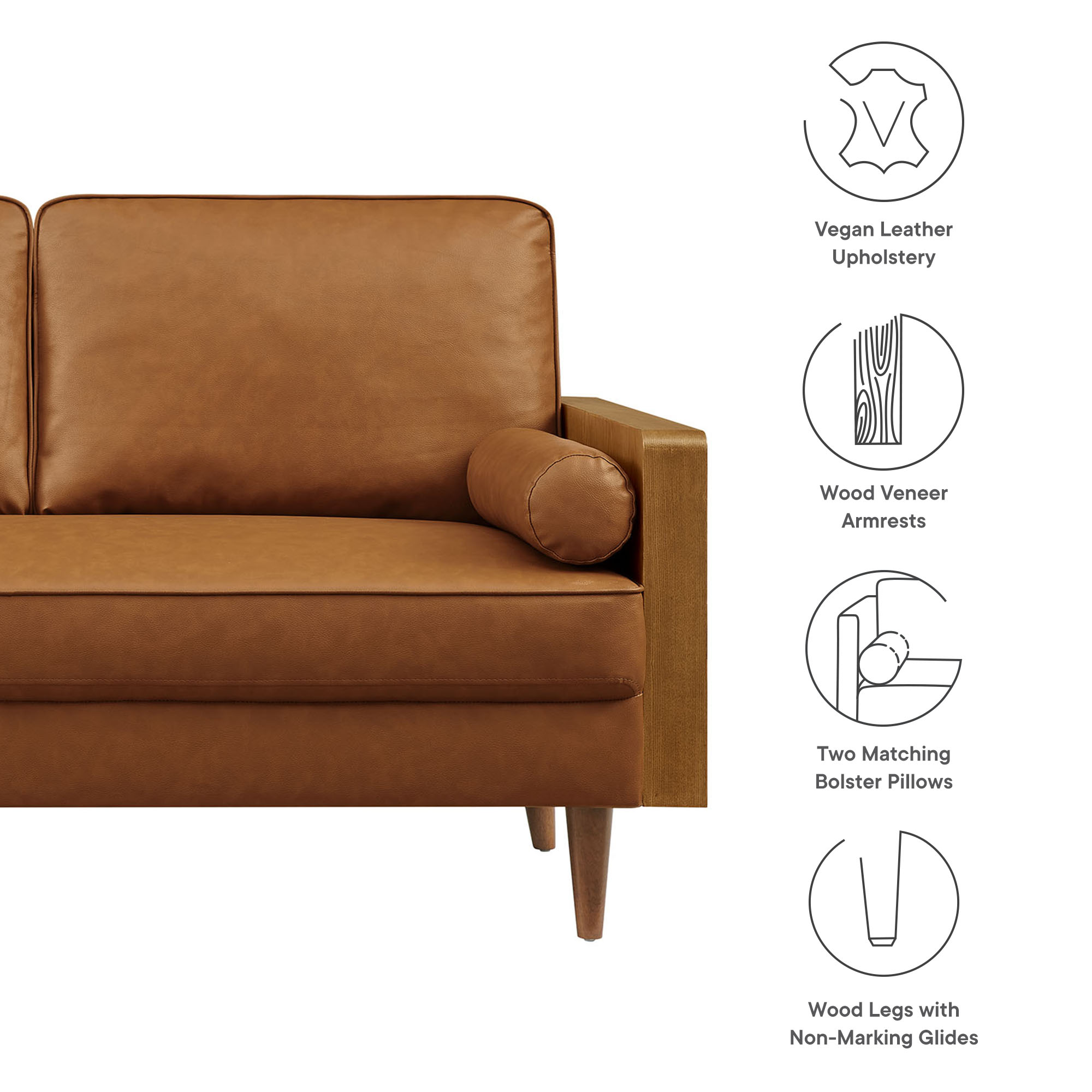 Modway Revive 72 Inch Faux Leather Sofa in Tan – 3 Seater PU Leather Couch
