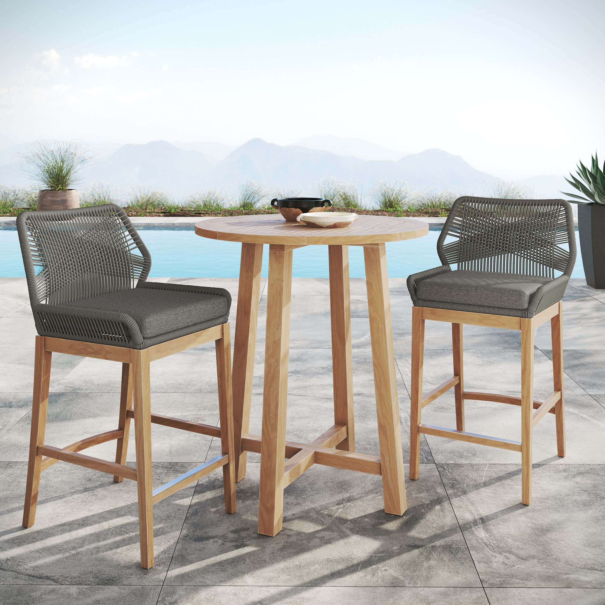 Wellspring 3-Pc Outdoor Patio Teak Wood Bar Set