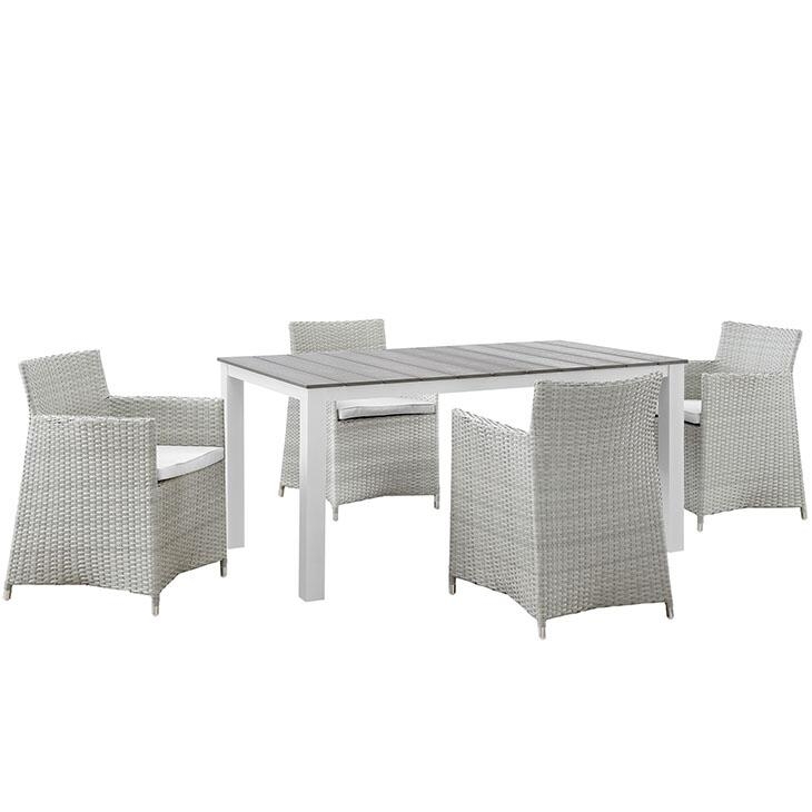 Junction 5 Piece Outdoor Patio Synthetic Rattan Wicker Dining Set, Gray/White by Modway Furniture