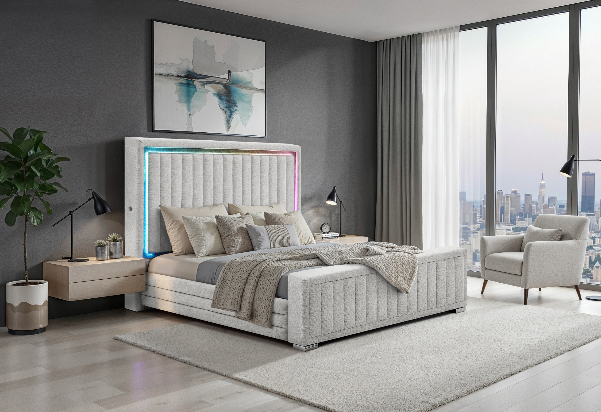 Elias Queen Size Fabric Panel Bed with LED and Immersive Sound Speaker