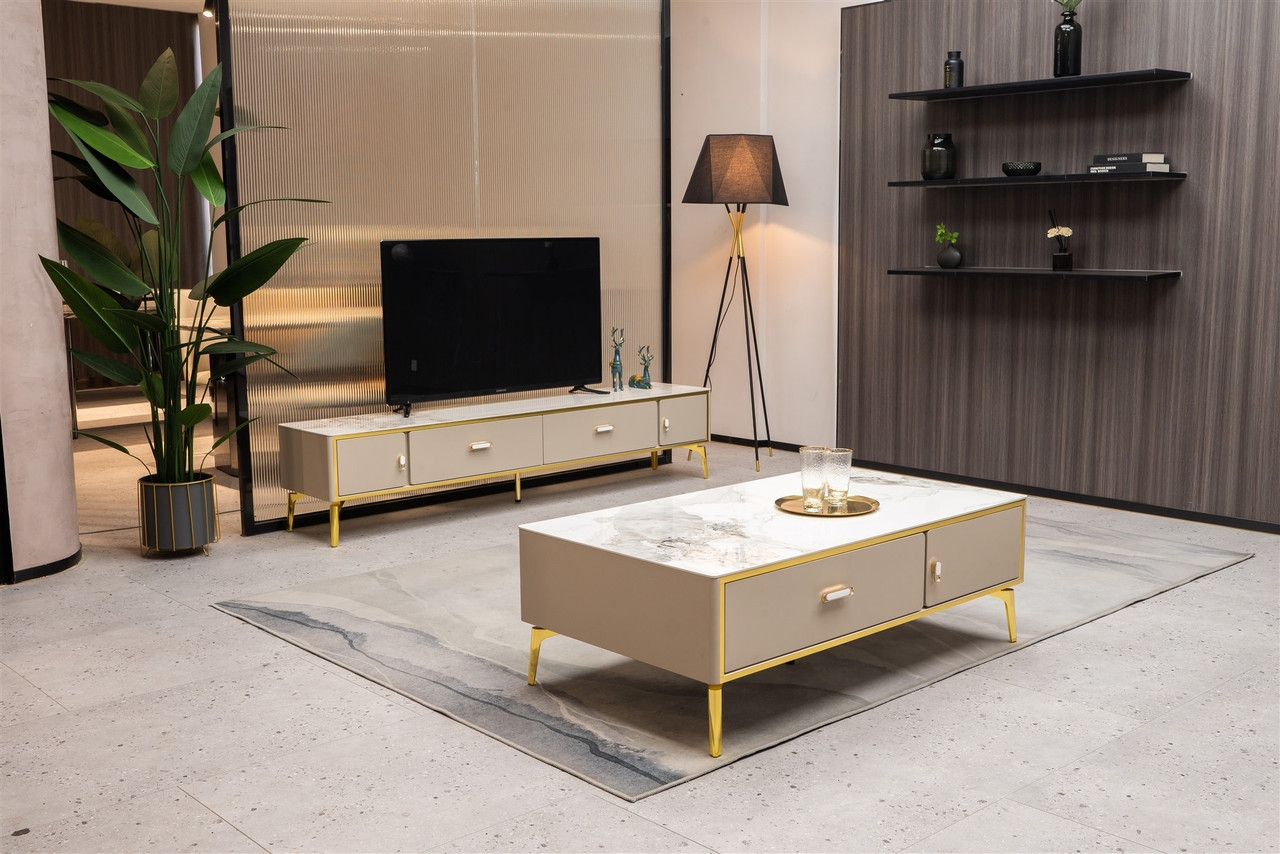 Ella Storage TV Stand with Carrera Style Porcelain Top