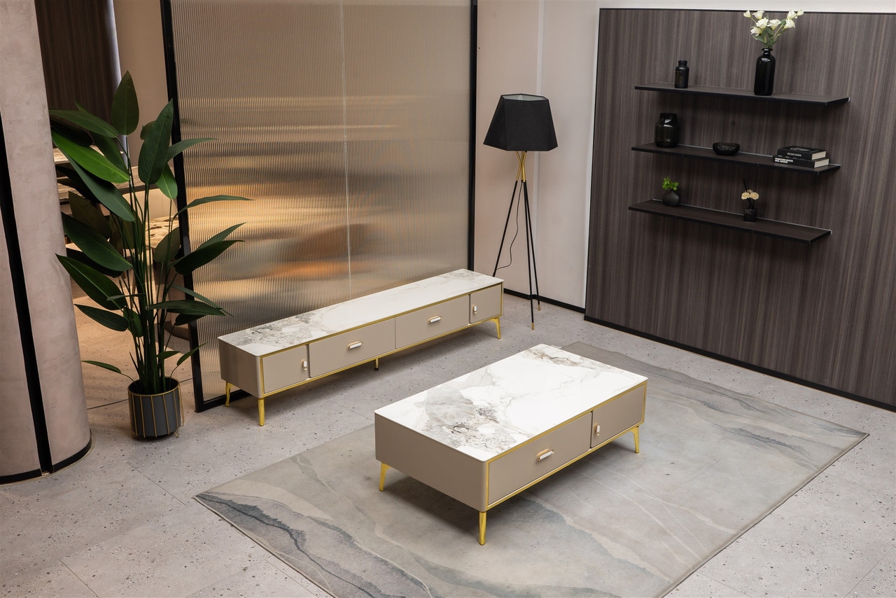 Ella Storage Coffee Table with Carrera Style Porcelain Top