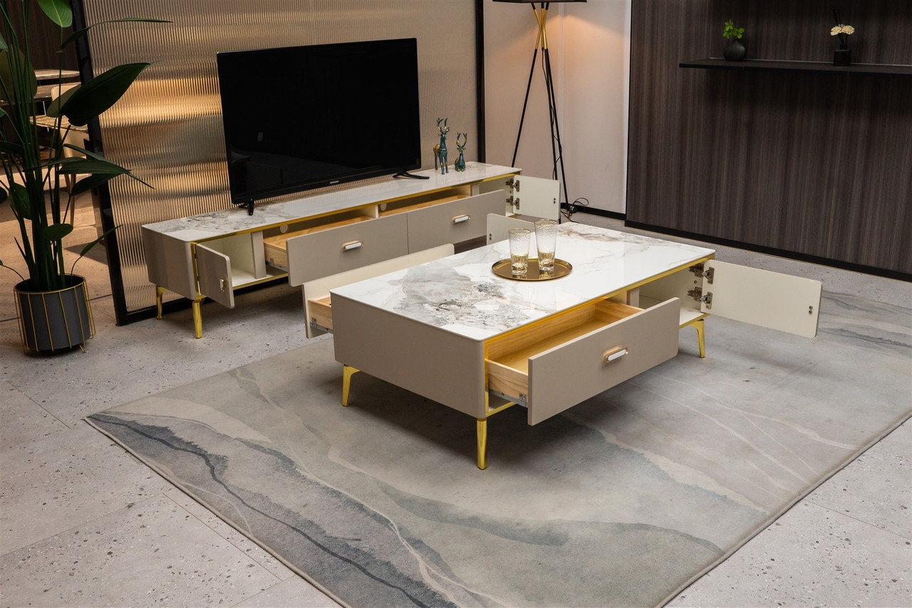 Ella Storage TV Stand with Carrera Style Porcelain Top