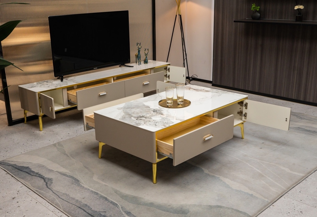 Ella Storage Coffee Table with Carrera Style Porcelain Top