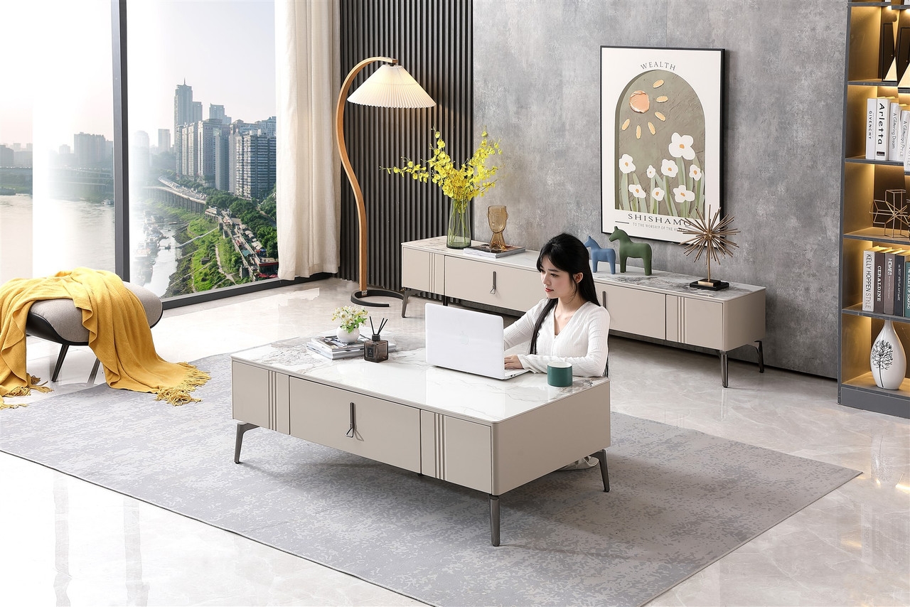 Emma Storage Coffee Table with Carrera Style Porcelain Top