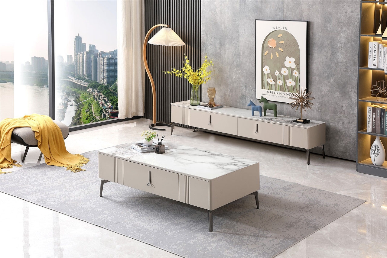 Emma Storage TV Stand with Carrera Style Porcelain Top