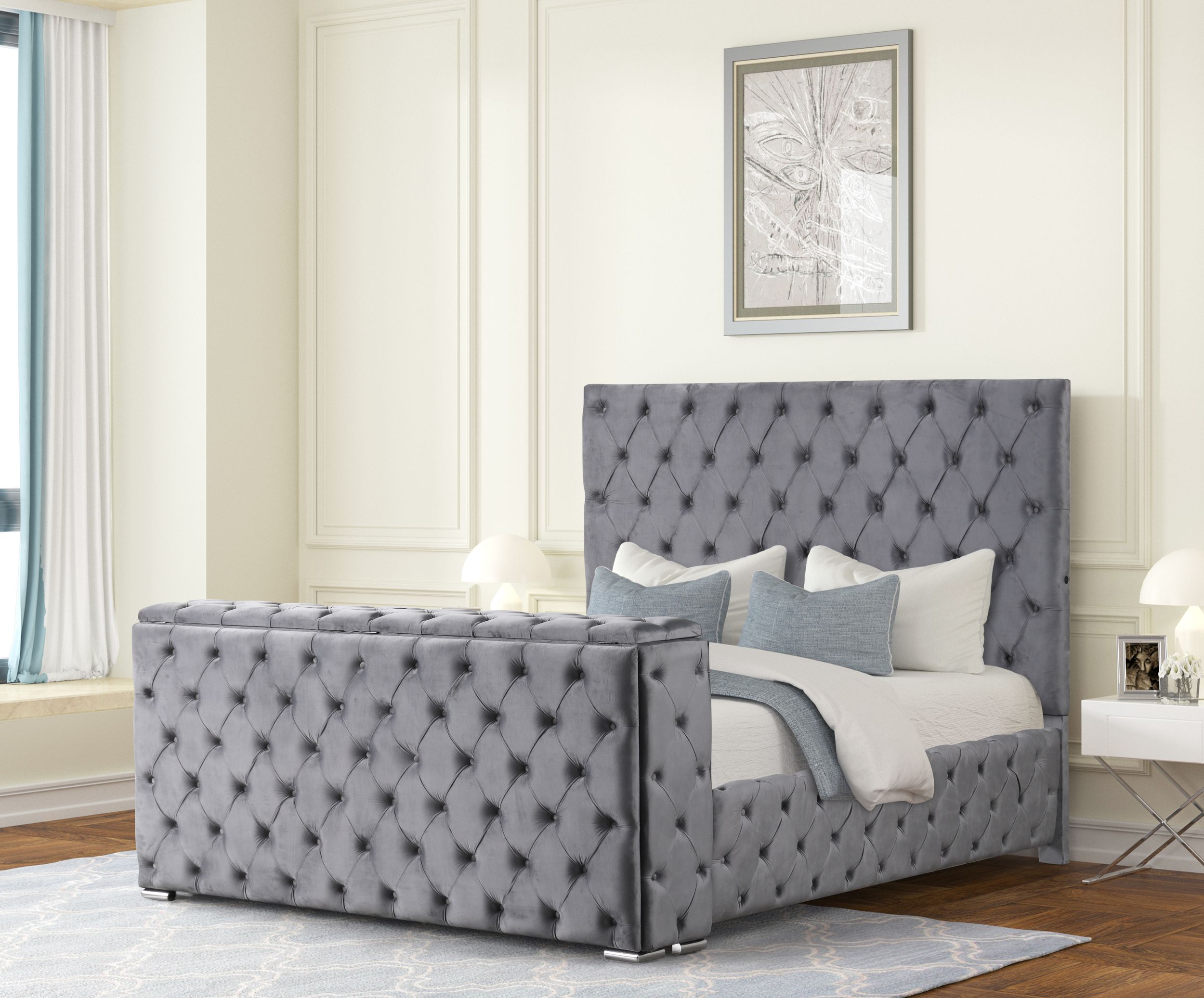 Bedframe with TV Lift in Footboard and Fireplace - Velvet Upholstered Sleigh Bed