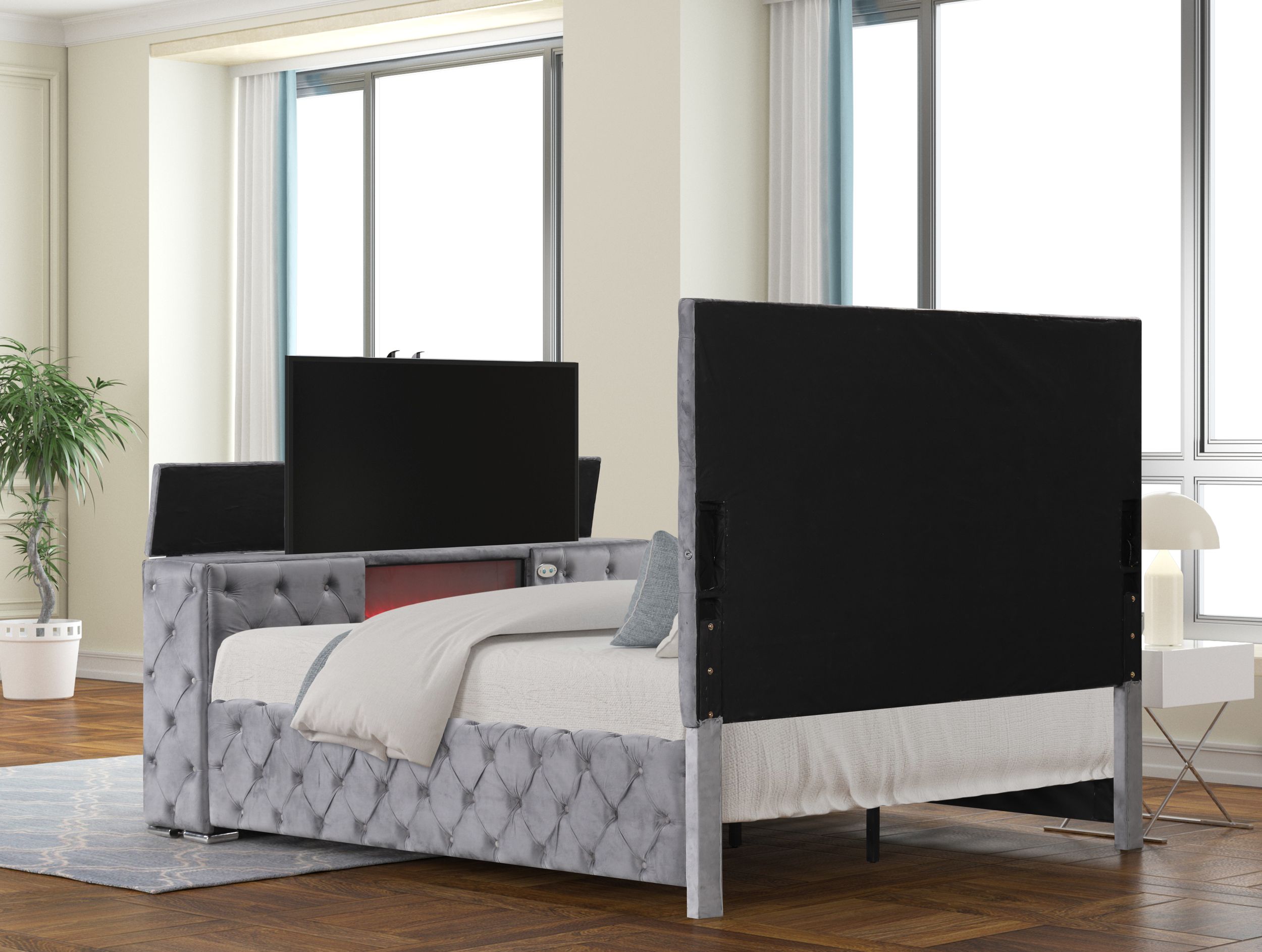 Black Encore Queen Bed with Wood Construction, Tufted Headboard & Footboard TV/Fireplace Storage