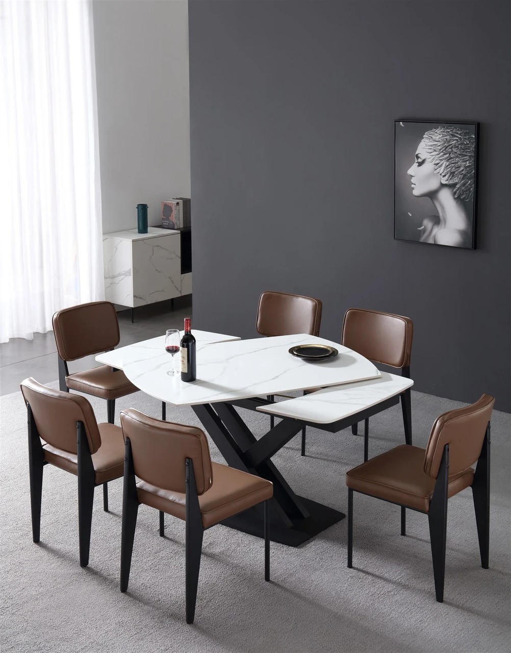 Evolve Rectangular Porcelain/Metal Rotating Extendable Dining Table with Criss-Cross Legs