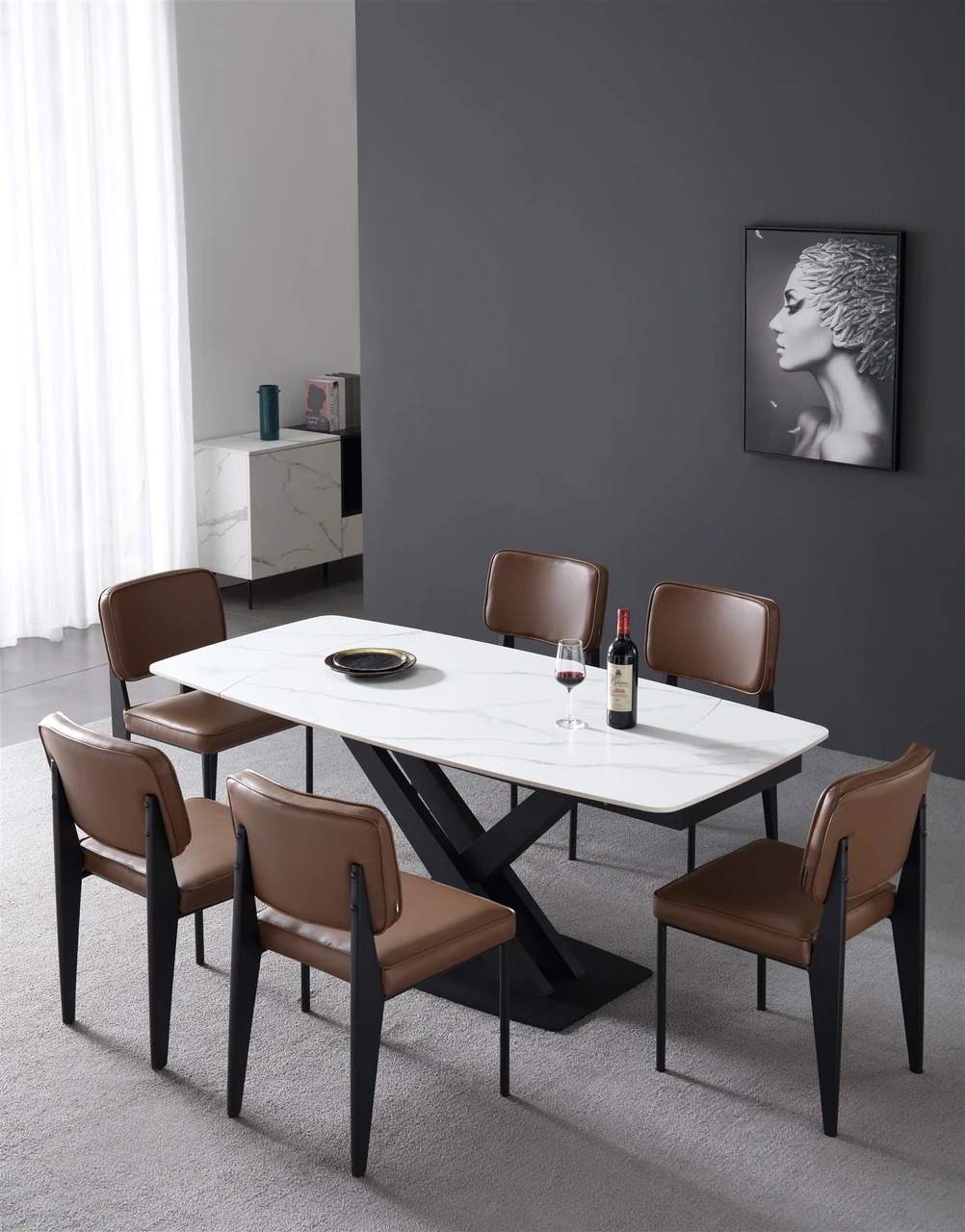 Evolve Rectangular Porcelain/Metal Rotating Extendable Dining Table with Criss-Cross Legs