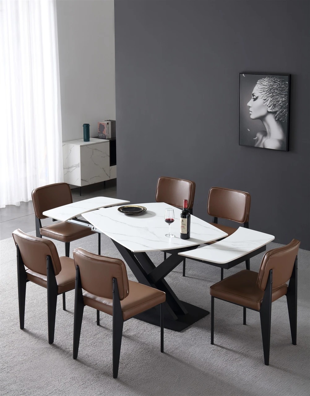 Evolve Rectangular Porcelain/Metal Rotating Extendable Dining Table with Criss-Cross Legs