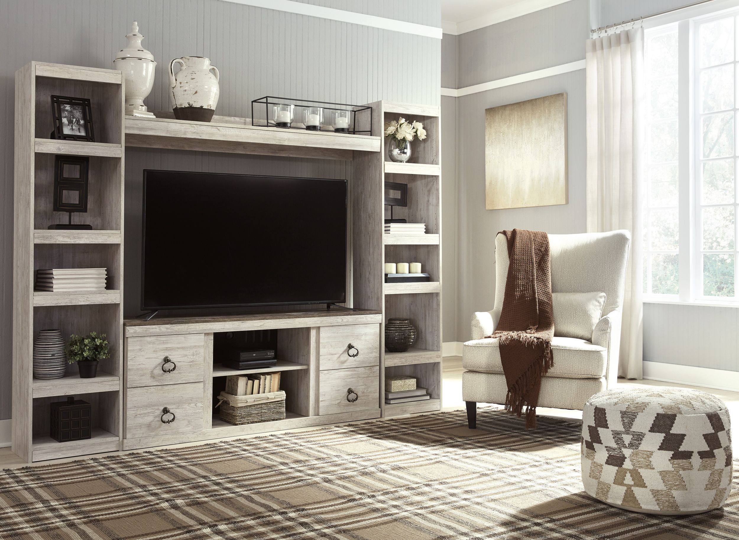 Willowton 4-Piece Coastal Fireplace Entertainment Wall - Whitewash