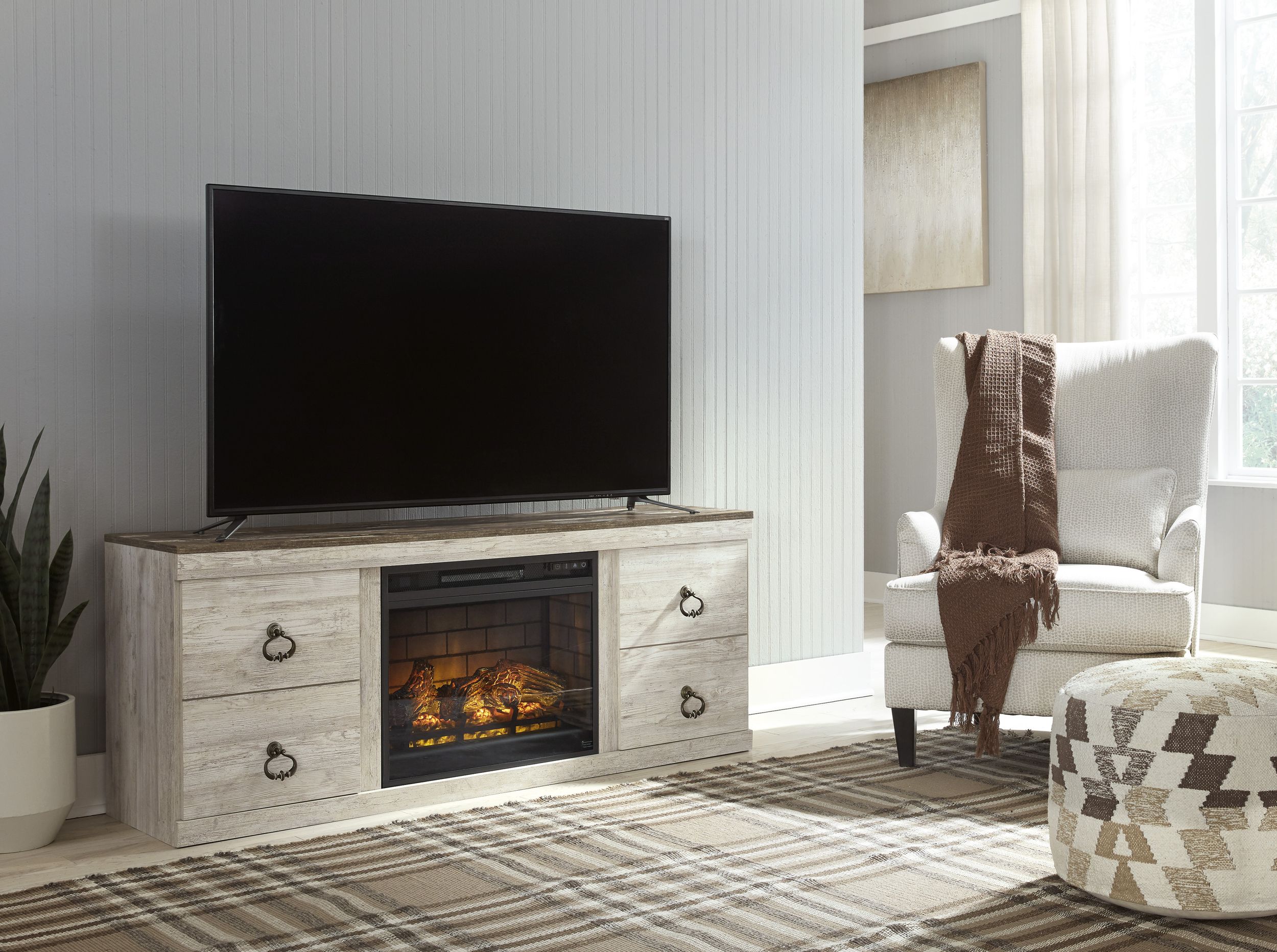 Willowton Coastal 63" Fireplace TV Stand - Whitewash Finish