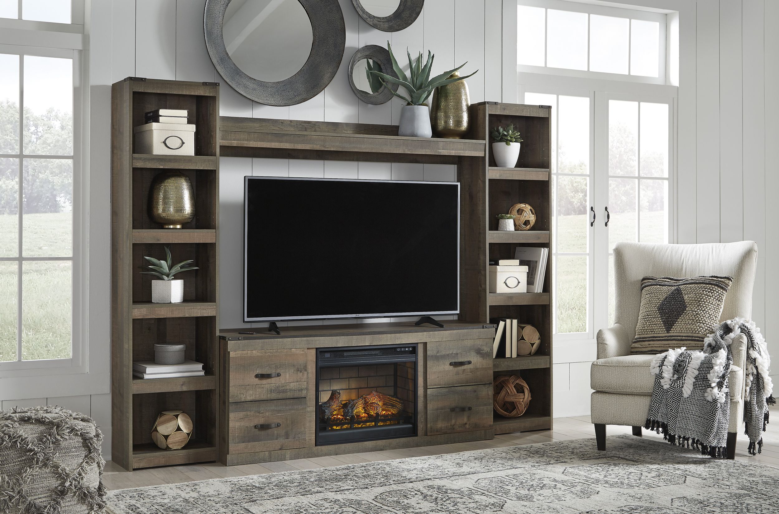 trinell 4-piece fireplace entertainment wall - weathered brown