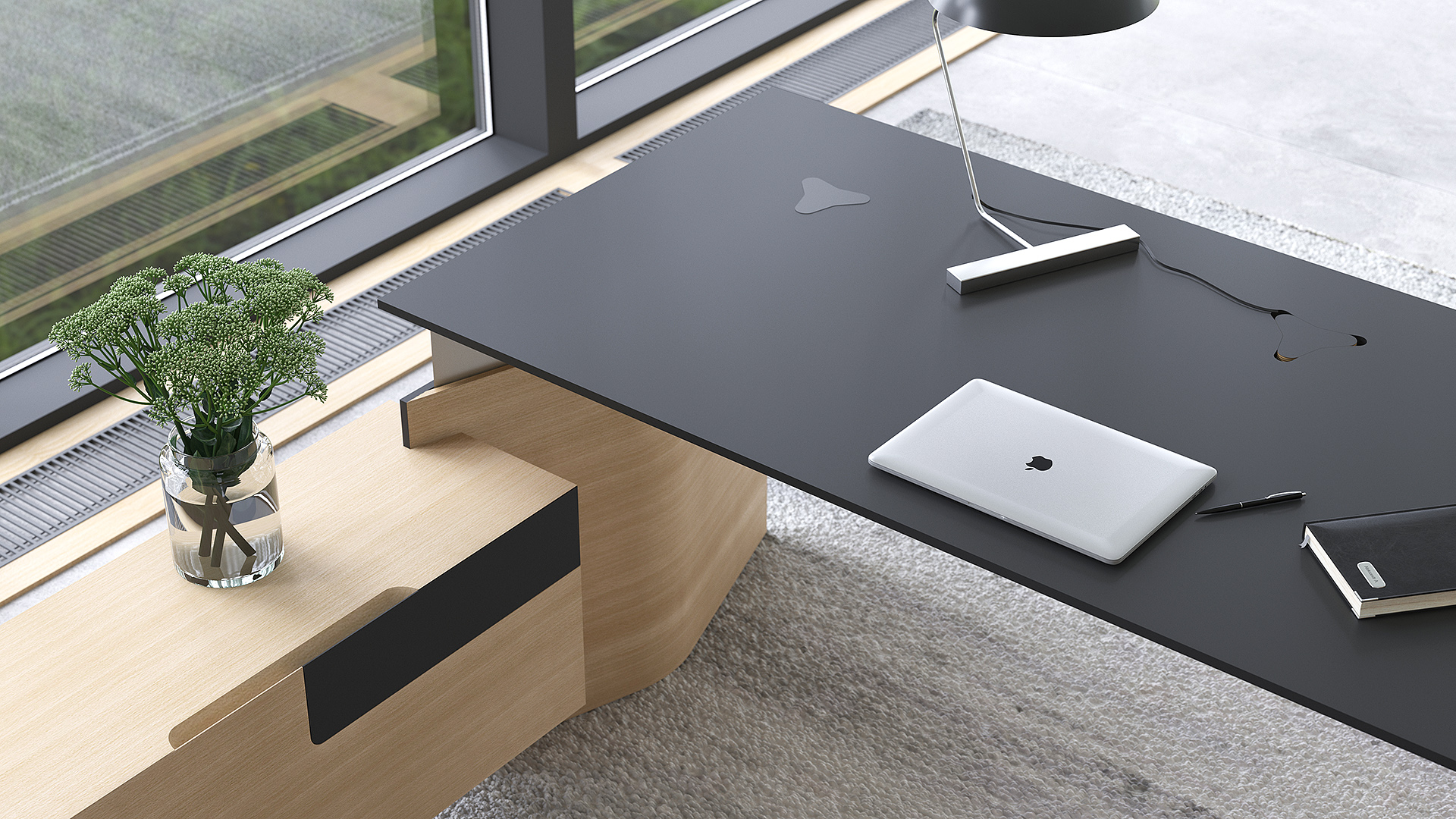 Move 70.8" Executive Sit-Stand Desk w/Fixed Pedestal, Built-in Power Socket Block, Grommet, Cover for Power Socket & Qi Wireless Charging