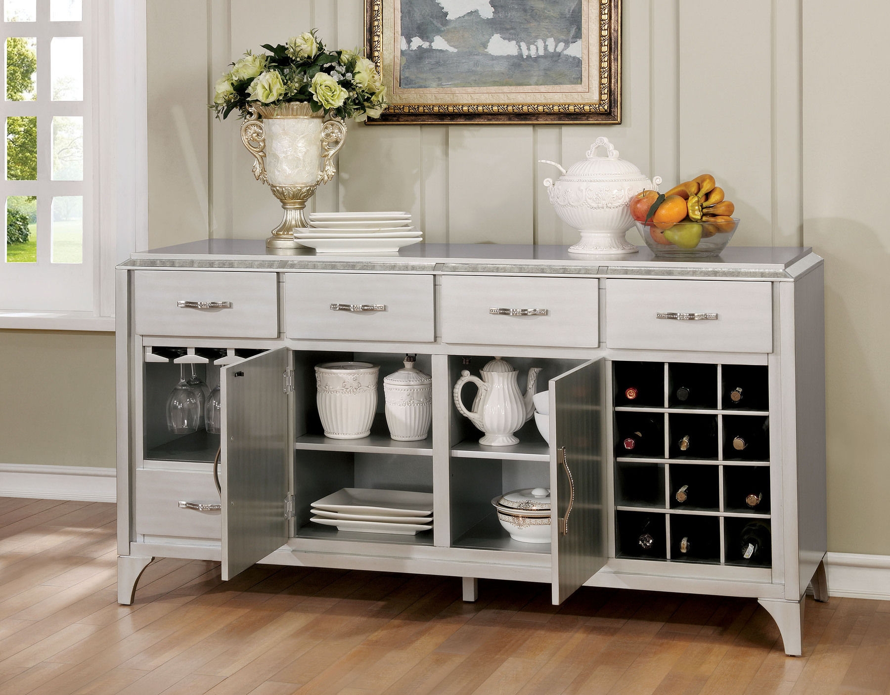 Diocles Wood Server w/2 Doors, 5 Drawers & Wine Storage
