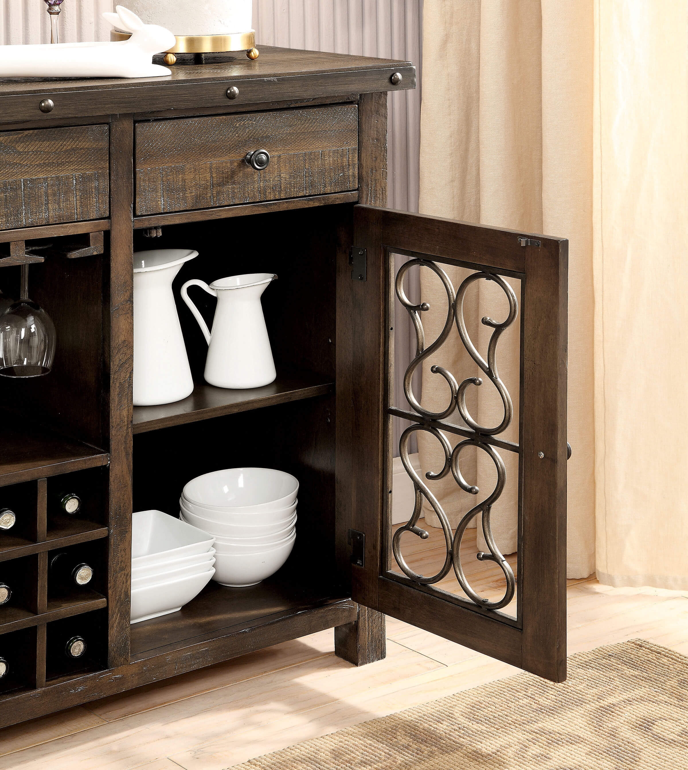 Paulina Wood Server w/2 Doors, 3 Drawers & Wine Storage