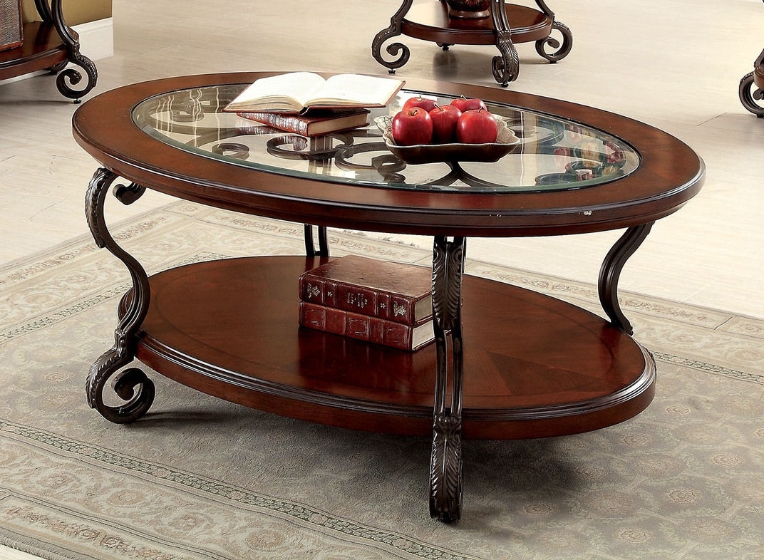 May Glass/Wood Oval Storage Coffee Table Set