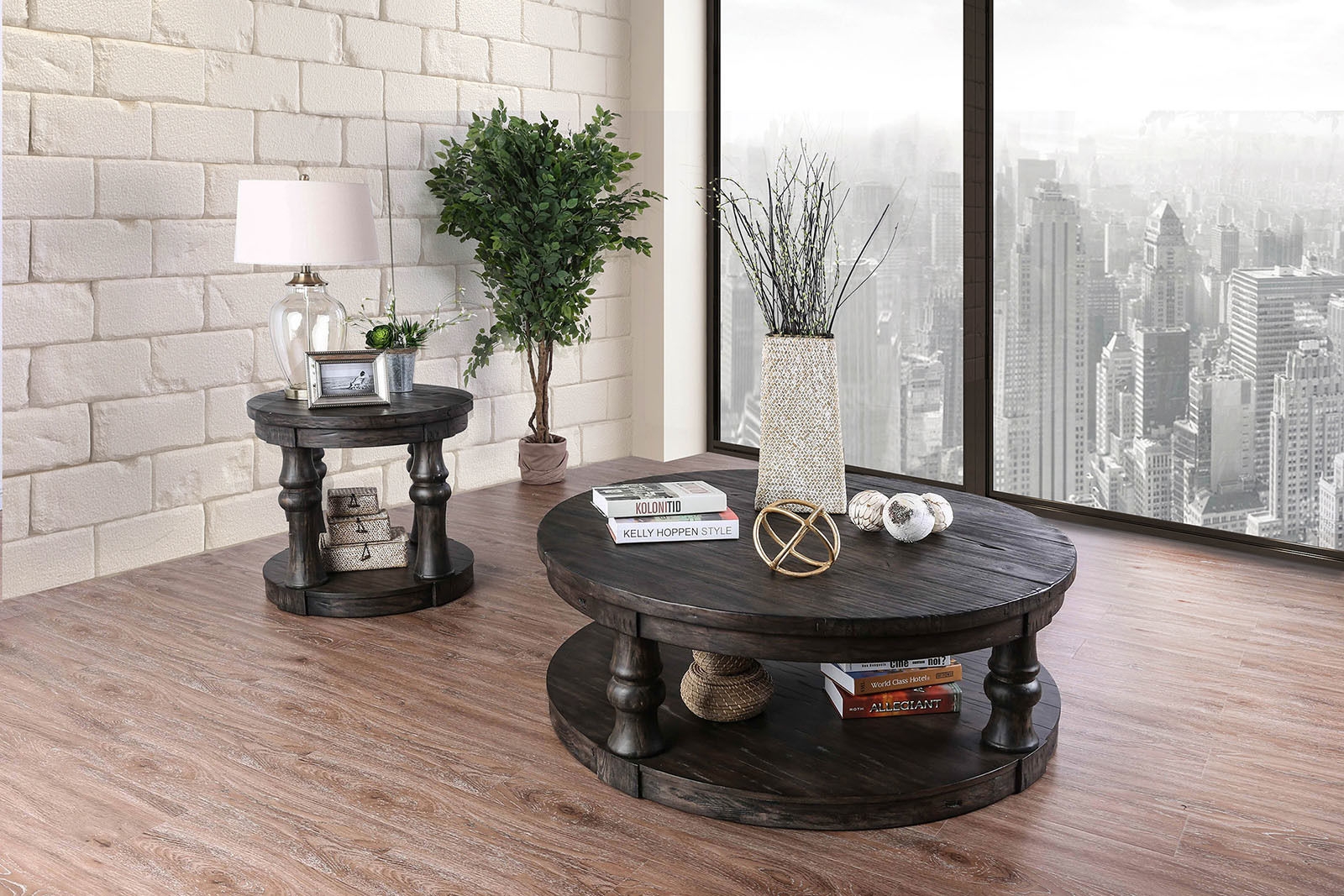 Mika Wood Round Storage Coffee Table Set