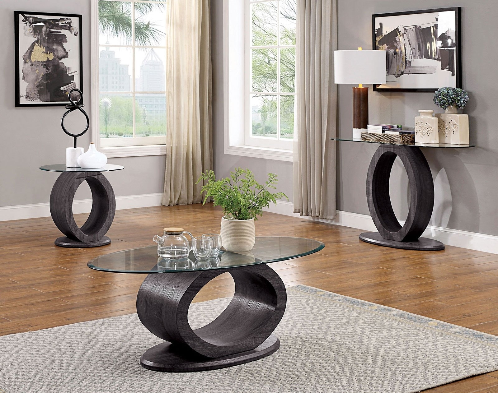 Lodia Glass/Lacquer Oval Coffee Table Set