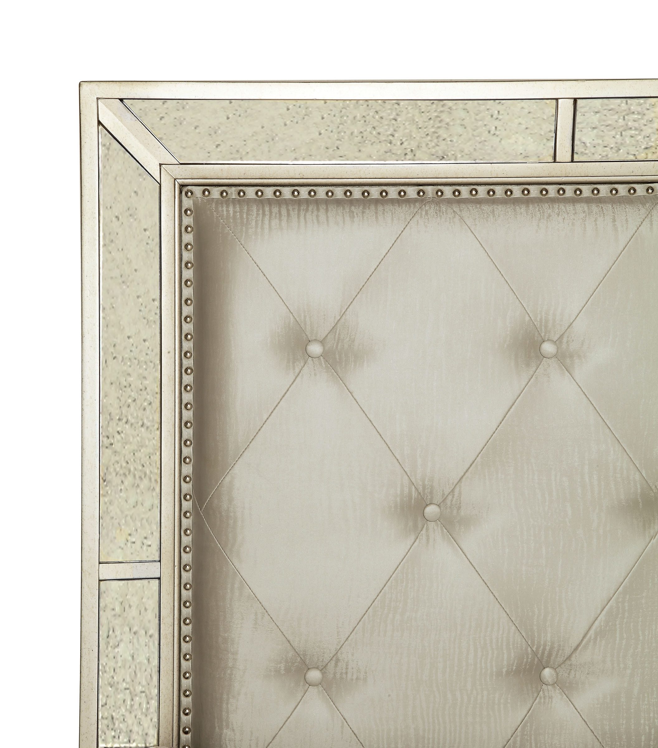 Loraine Leatherette/Mirror/Wood Panel Tufted Bed, Queen Size