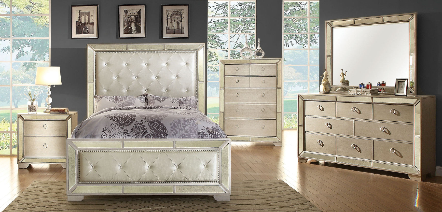 Loraine Leatherette/Mirror/Wood Panel Tufted Bedroom Set