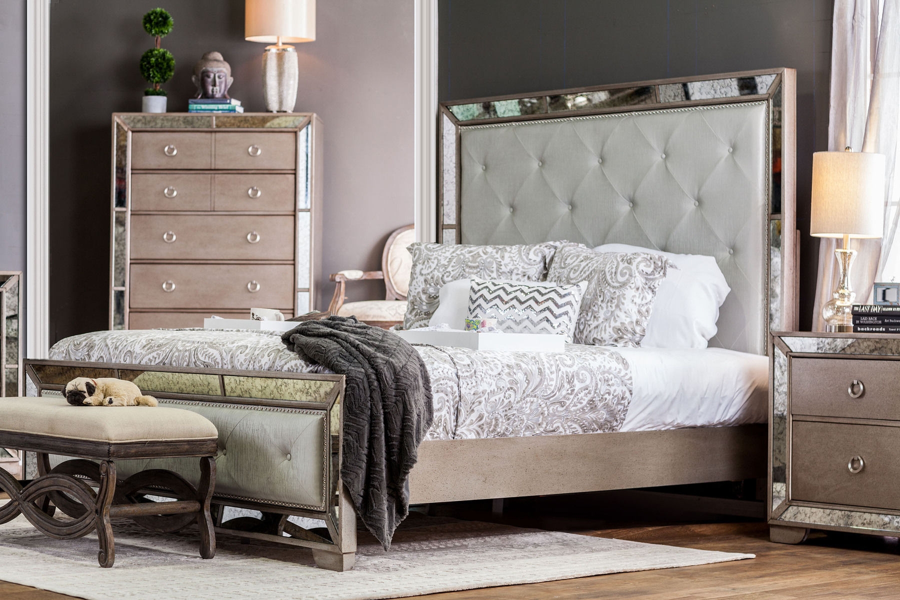 Loraine Leatherette/Mirror/Wood Panel Tufted Bed, Queen Size