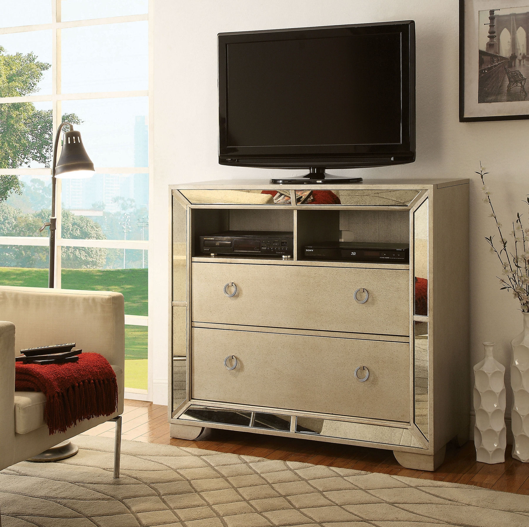 Loraine Mirror/Wood TV Stand w/2 Drawers