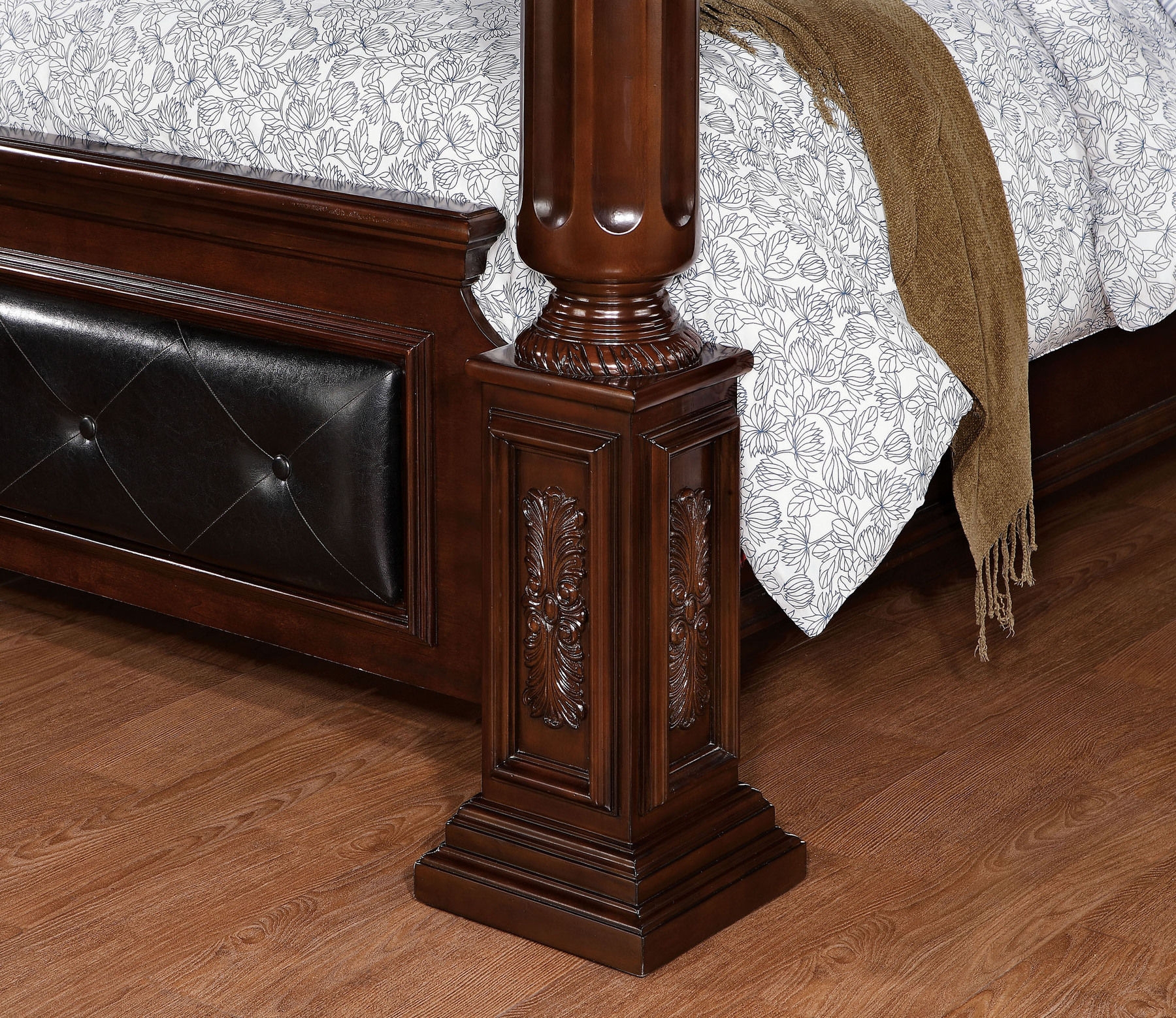 Mandalay Leatherette/Wood Poster Canopy Tufted Bed, Eastern King Size