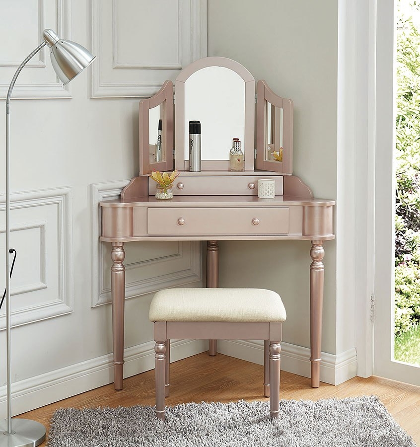 Kasey Wood Storage Corner Vanity Dresser w/2 Drawers, Mirror & Stool