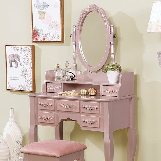 Harriet Wood Storage Vanity Dresser w/7 Drawers, Mirror & Stool
