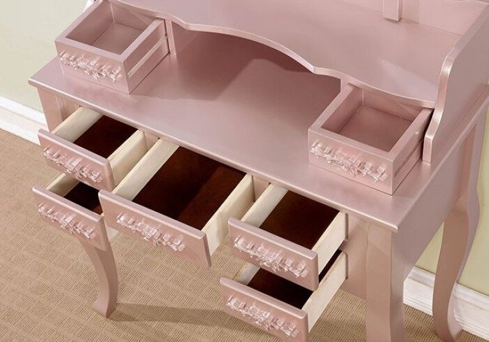 Harriet Wood Storage Vanity Dresser w/7 Drawers, Mirror & Stool