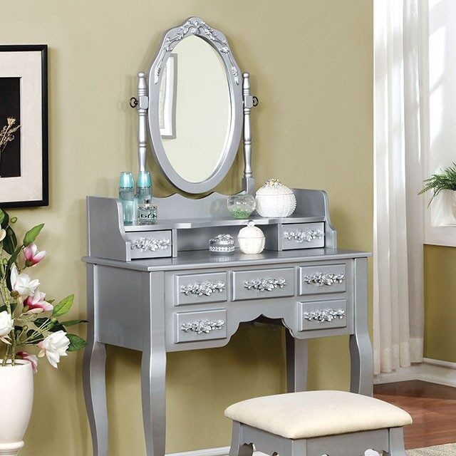 Harriet Wood Storage Vanity Dresser w/7 Drawers, Mirror & Stool