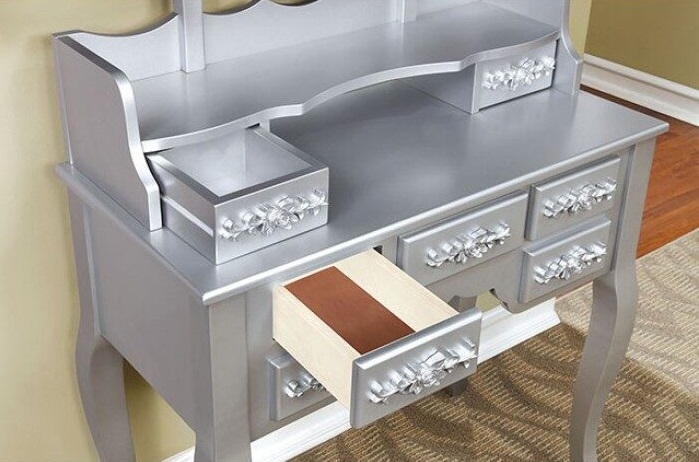 Harriet Wood Storage Vanity Dresser w/7 Drawers, Mirror & Stool