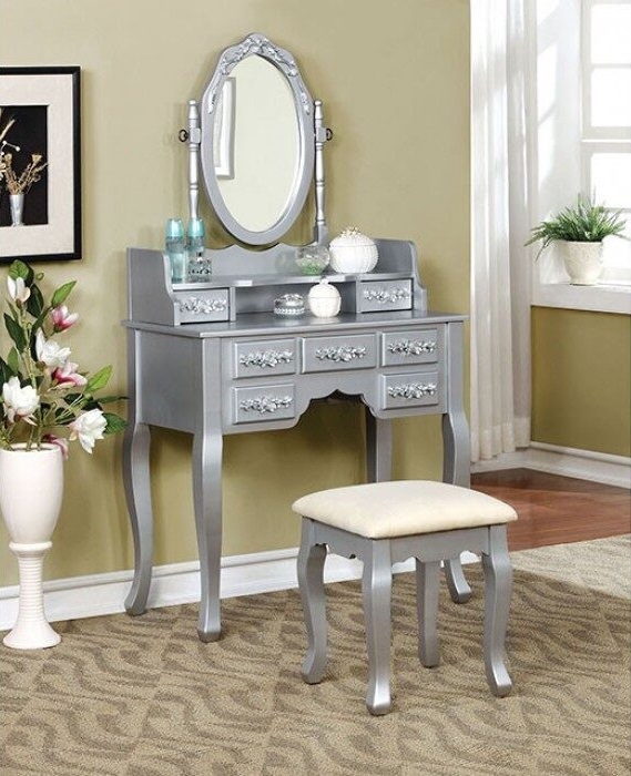 Harriet Wood Storage Vanity Dresser w/7 Drawers, Mirror & Stool