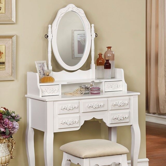 Harriet Wood Storage Vanity Dresser w/7 Drawers, Mirror & Stool