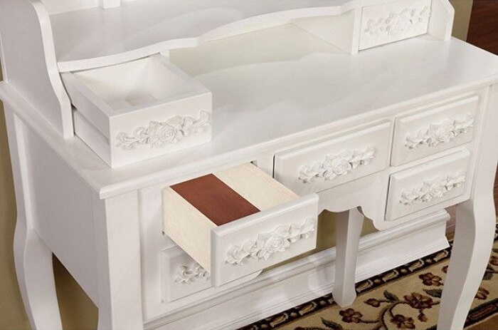 Harriet Wood Storage Vanity Dresser w/7 Drawers, Mirror & Stool