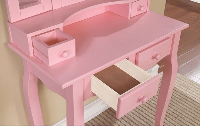 Janelle Wood Storage Vanity Dresser w/4 Drawers, Mirror & Stool
