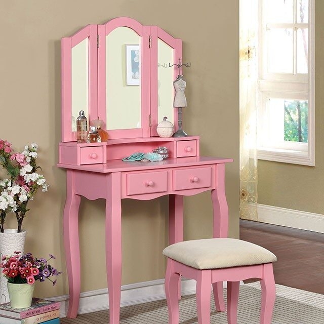 Janelle Wood Storage Vanity Dresser w/4 Drawers, Mirror & Stool