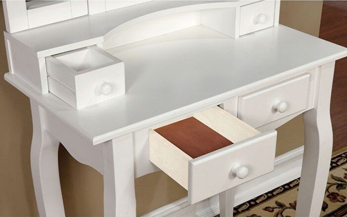 Janelle Wood Storage Vanity Dresser w/4 Drawers, Mirror & Stool