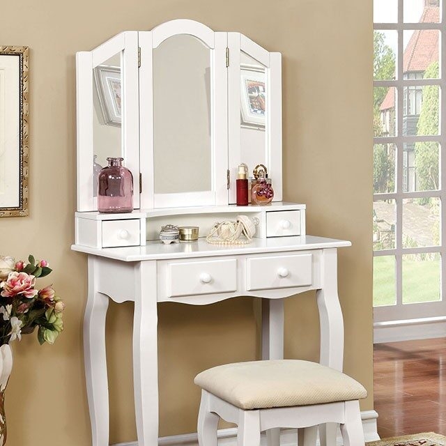 Janelle Wood Storage Vanity Dresser w/4 Drawers, Mirror & Stool