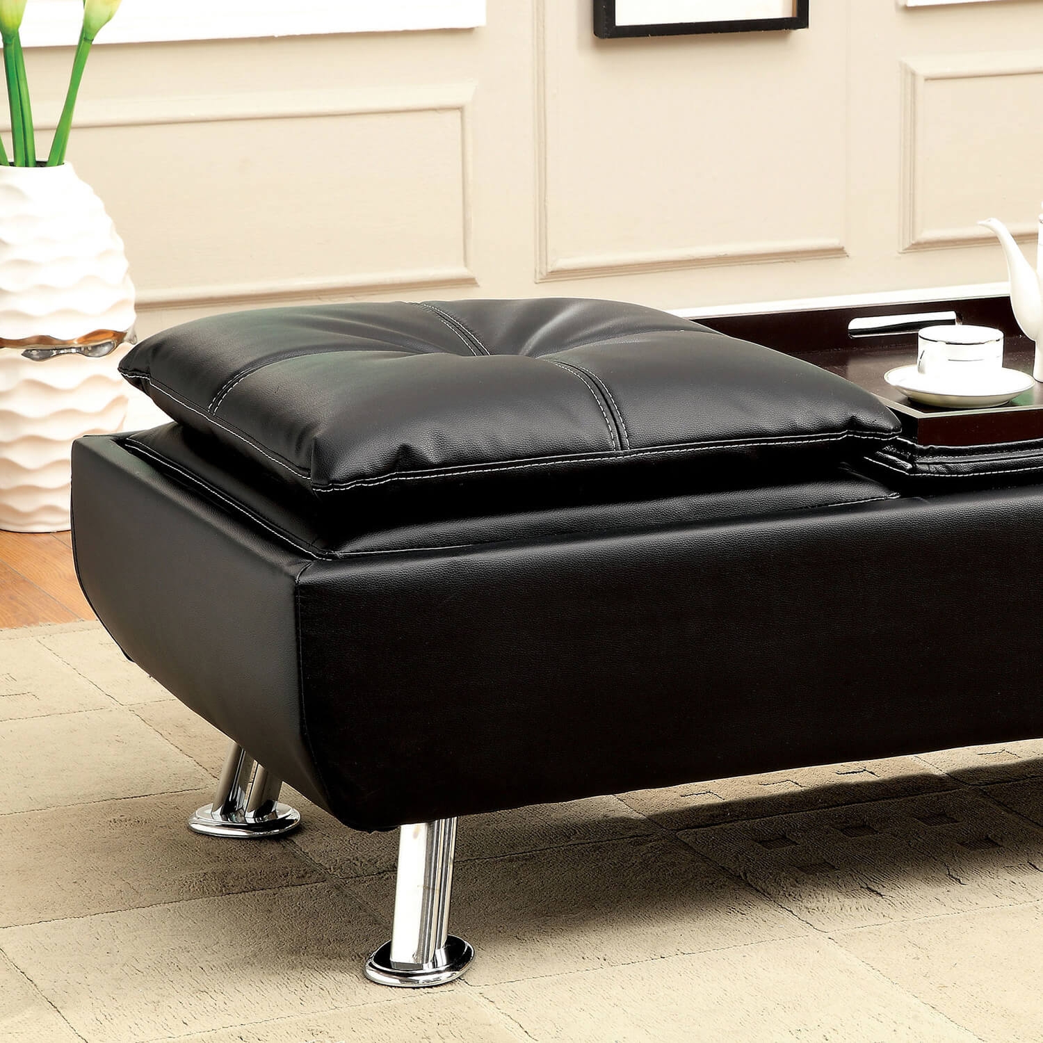 Hauser Leatherette Ottoman w/Flip-Top Trays