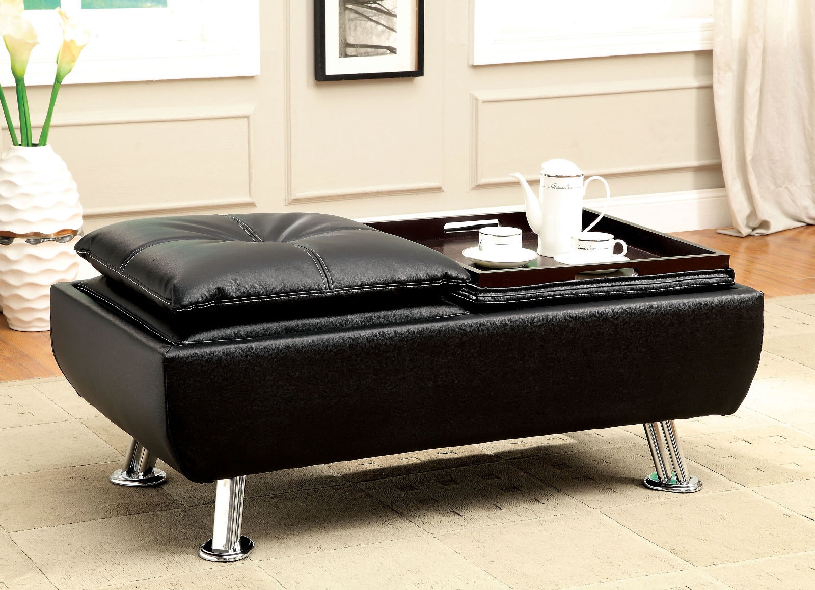 Hauser Leatherette Ottoman w/Flip-Top Trays