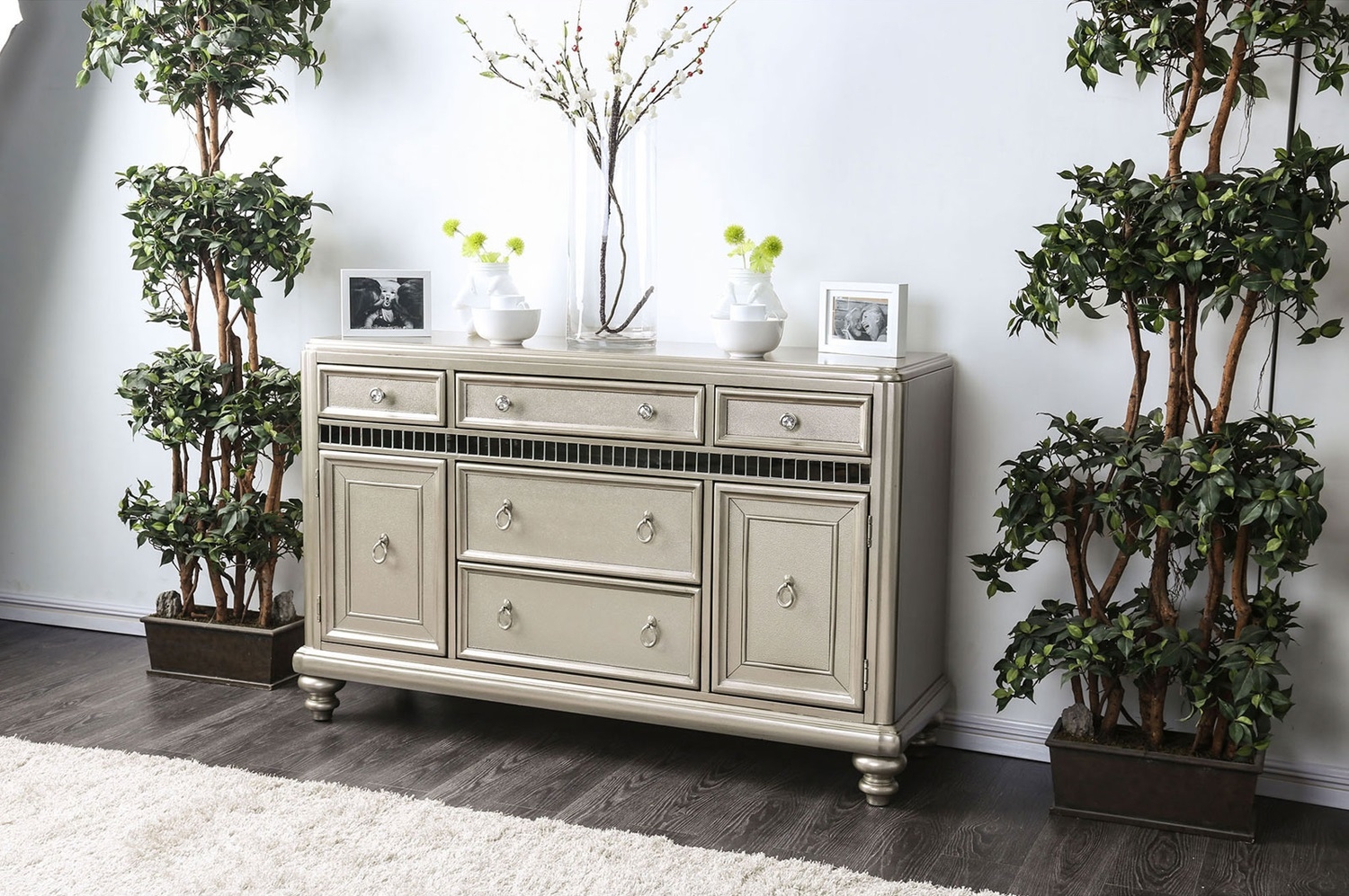 Xandra Wood/Mirror Server w/2 Doors & 5 Drawers