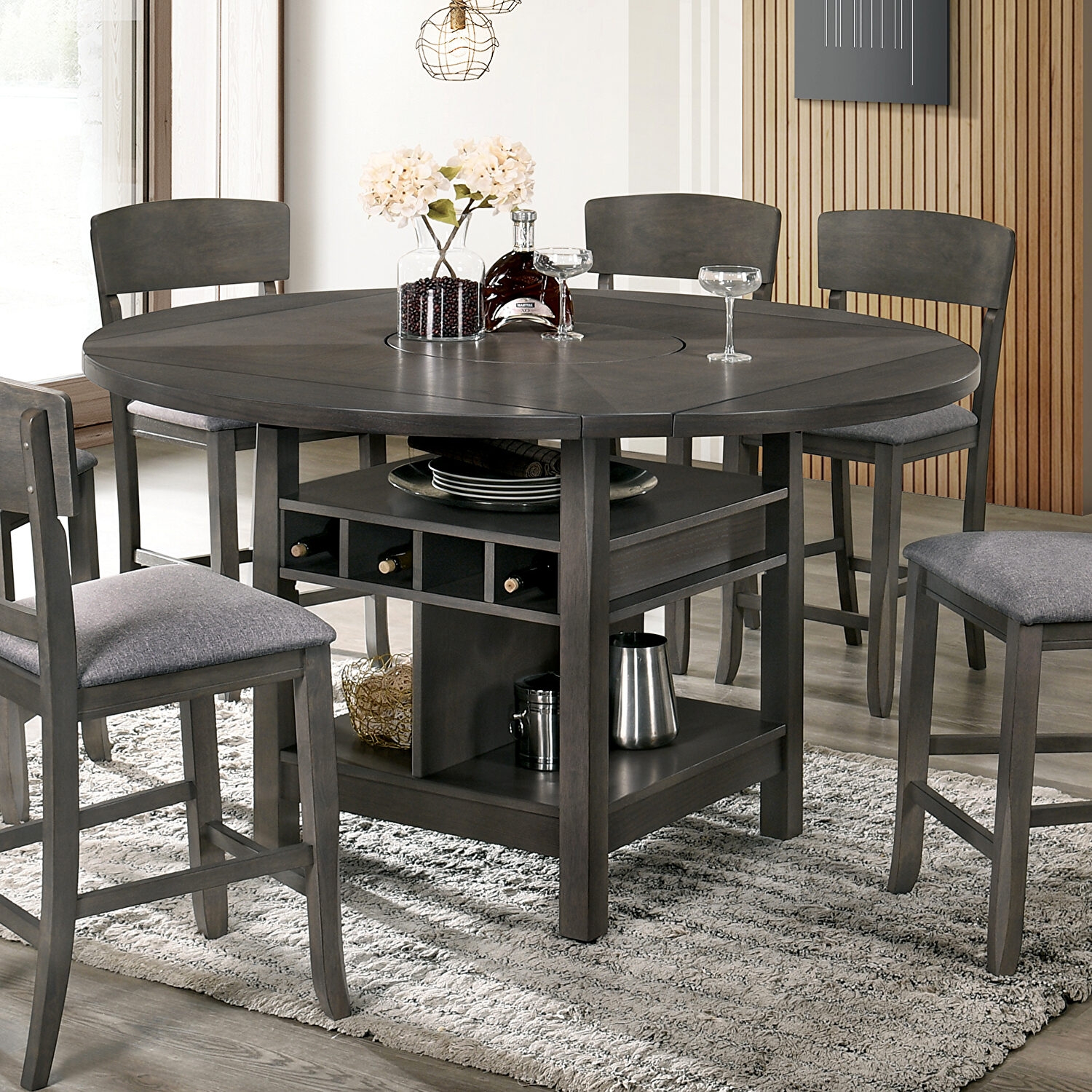 Stacie Wood Round Counter Height Dining Set w/Wine Rack