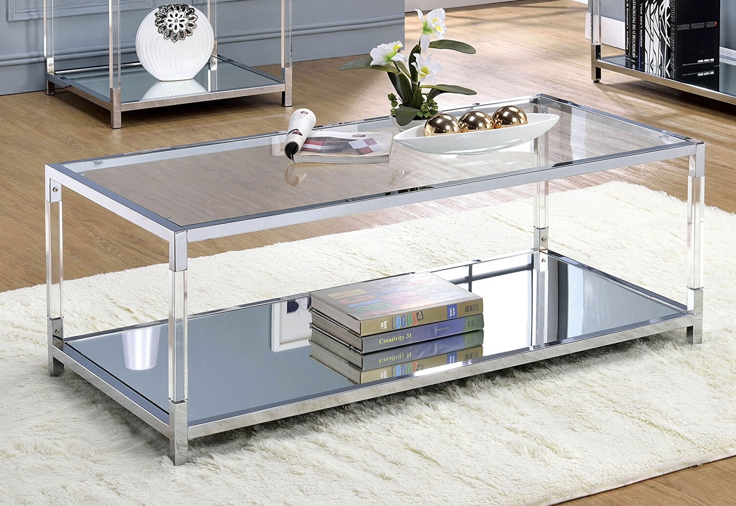 Ludvig Glass/Mirror/Metal Storage Coffee Table Set
